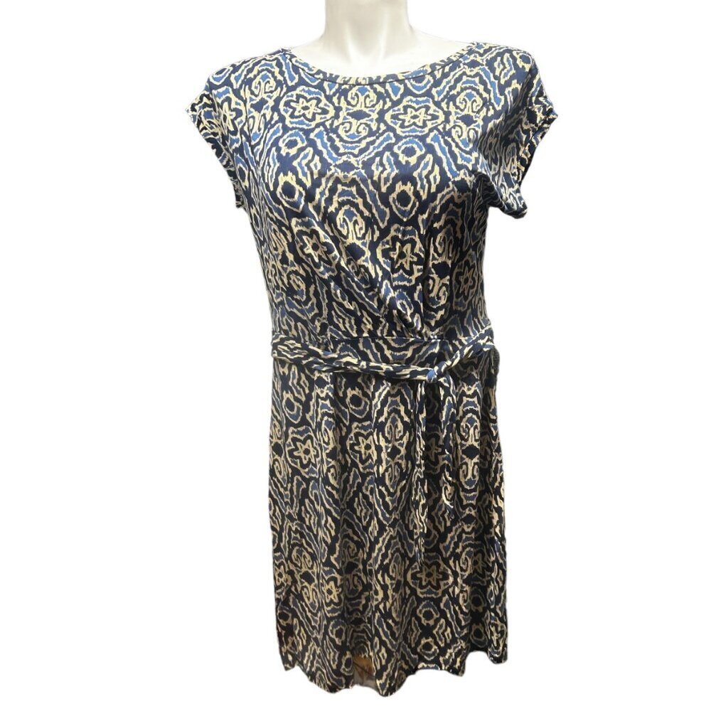 Boden Blue and Cream Ikat Tie Waist Tencel Lyocell Short Sleeve Dress Size 10